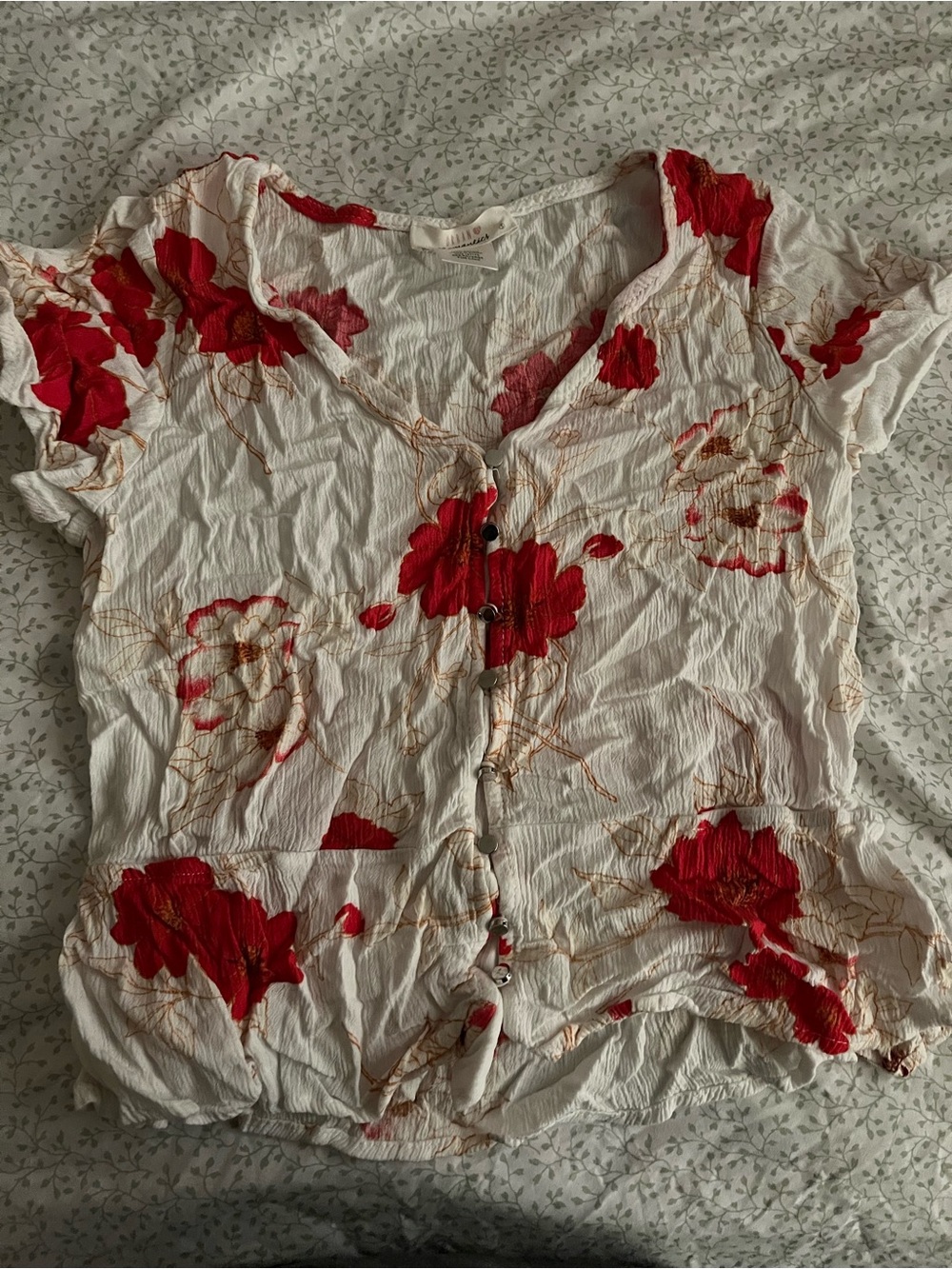 Floral Button-Front Women's Top - White with Red Blooms